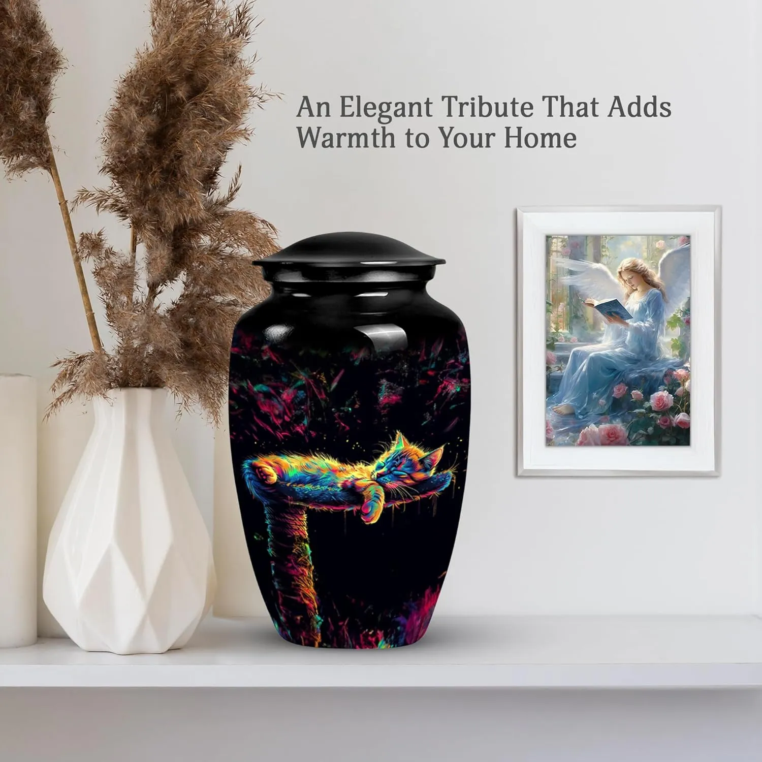 Neon Cat Dream Ashes Keepsake - 10" Extra Large Urn for Human Ashes Adult - Black Decorative Burial Urns - Cremation Keepsakes for Mom & Dad Ashes (Velvet Urn Bag)