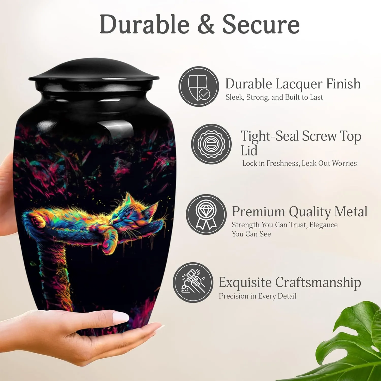 Neon Cat Dream Ashes Keepsake - 10" Extra Large Urn for Human Ashes Adult - Black Decorative Burial Urns - Cremation Keepsakes for Mom & Dad Ashes (Velvet Urn Bag)