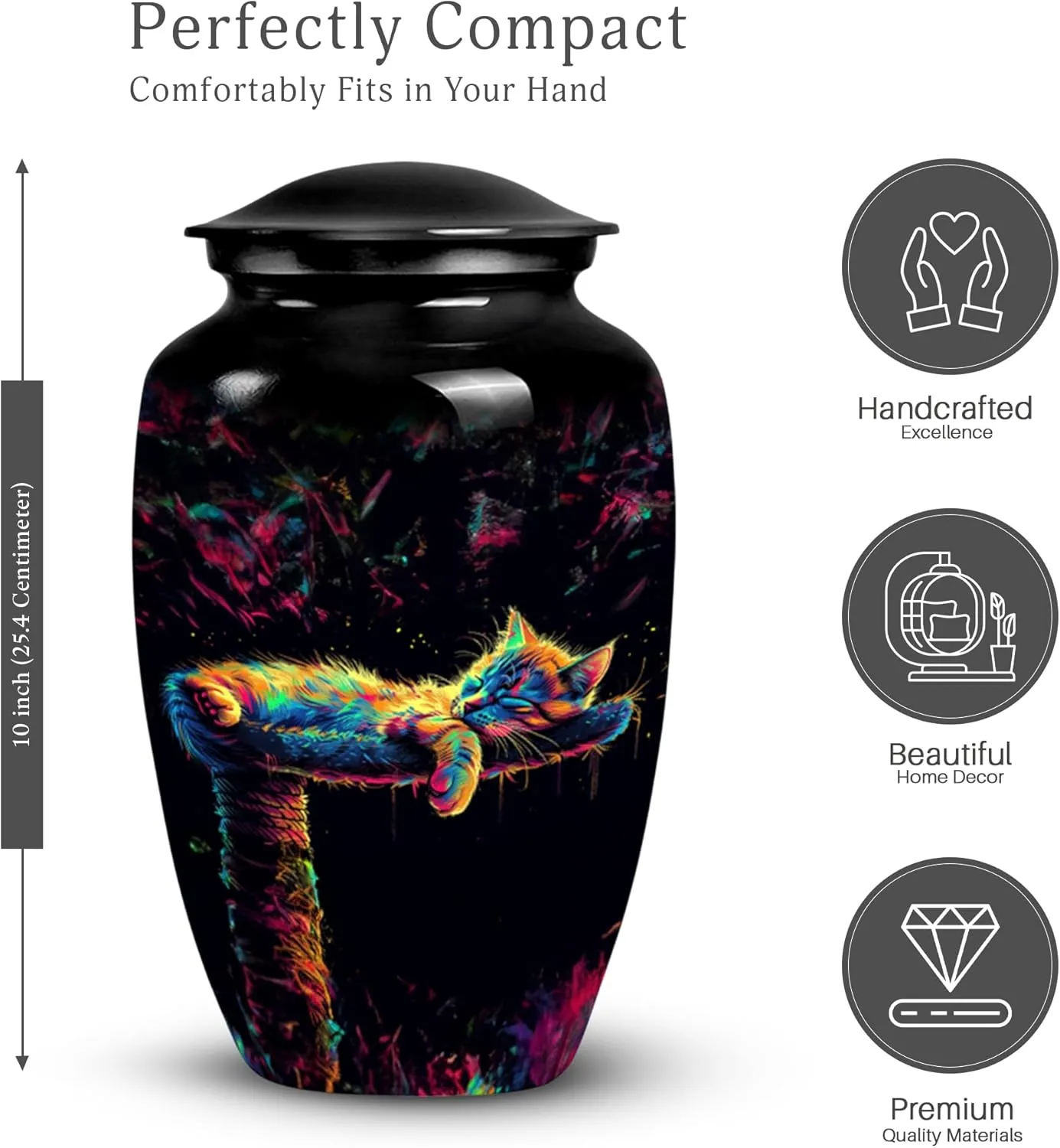 Neon Cat Dream Ashes Keepsake - 10" Extra Large Urn for Human Ashes Adult - Black Decorative Burial Urns - Cremation Keepsakes for Mom & Dad Ashes (Velvet Urn Bag)
