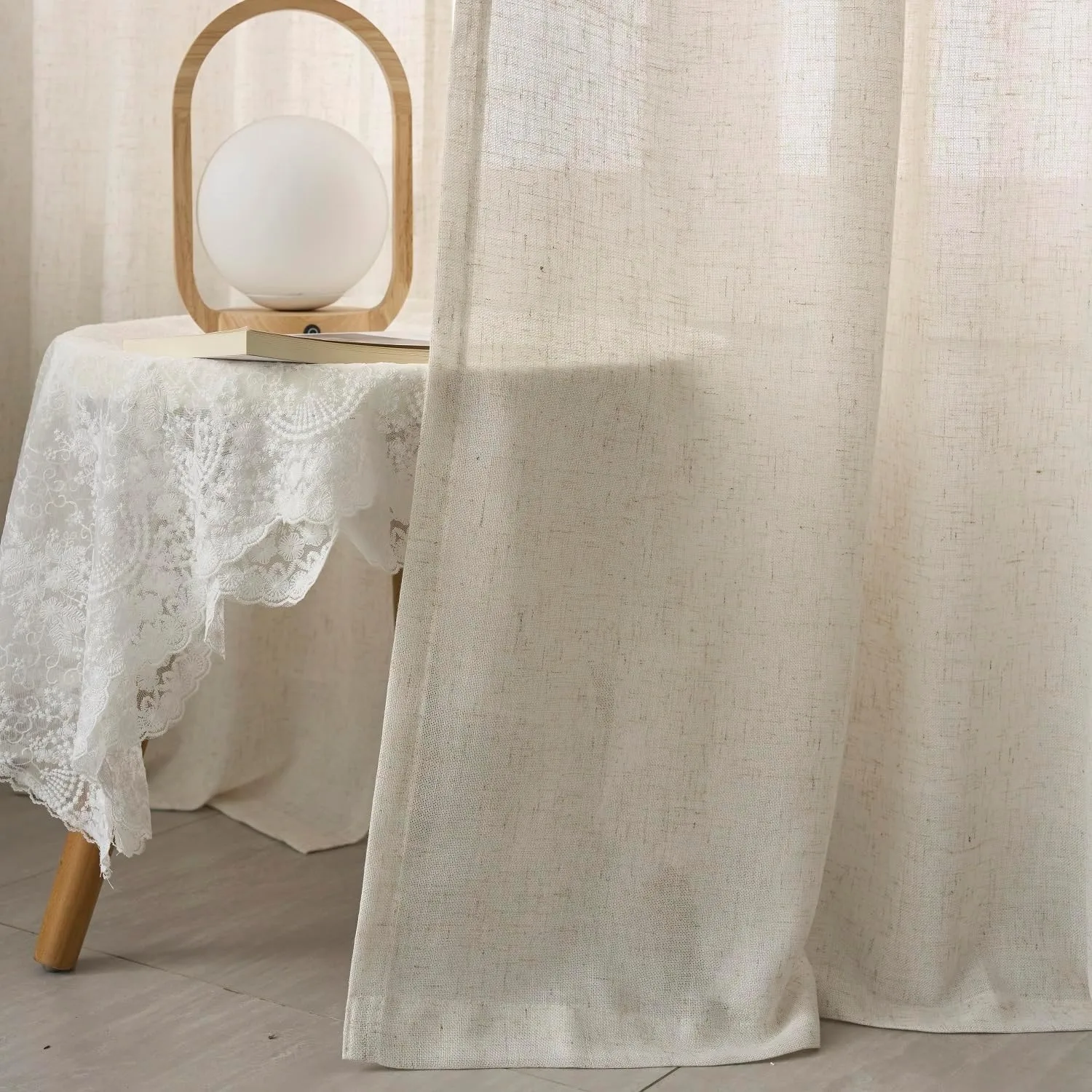 Neutral Faux Linen Sheer Curtains 108 Inches Long Extra, Natural Light Filtering Curtain 2 Panels, Cream Beige Farmhouse Living Room Drapes, DIY Pinch Pleat Window Treatments with Hooks