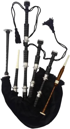 New Black Scottish Bagpipe Silver Mount Velvet Bag Cord Highland F Size with Carry Bag