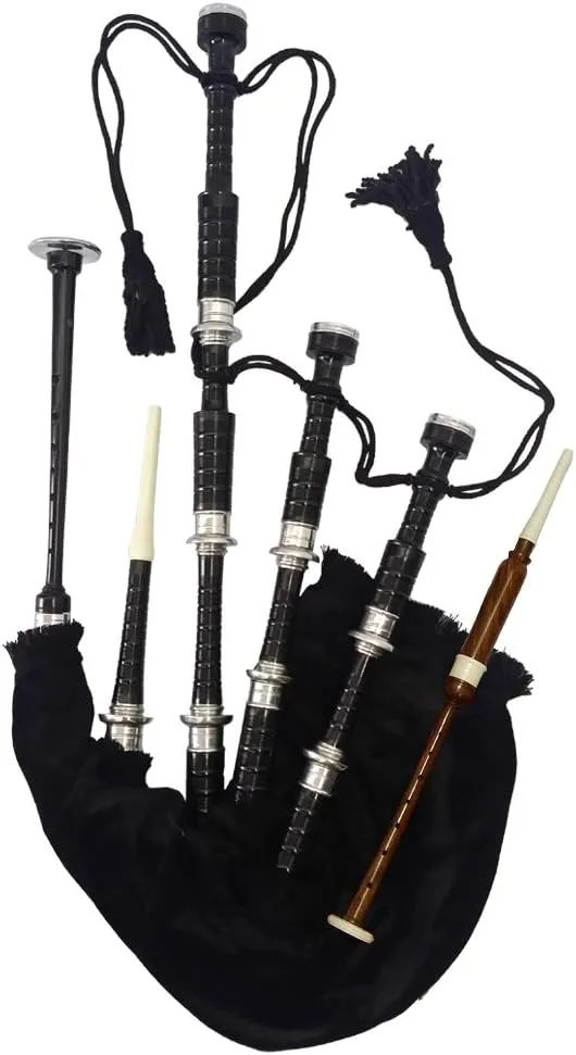 New Black Scottish Bagpipe Silver Mount Velvet Bag Cord Highland F Size with Carry Bag