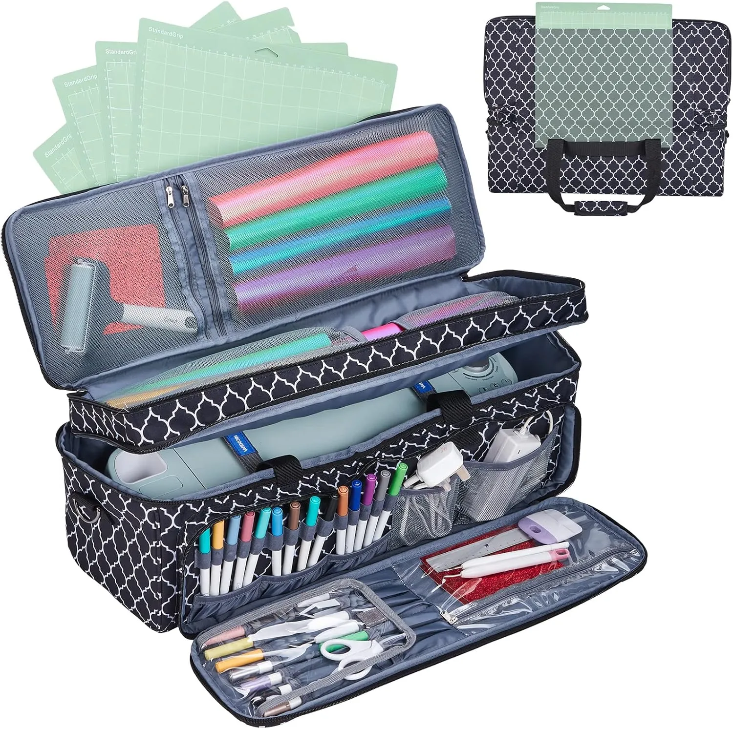 NICOGENA Double Layer Carrying Case wtih Mat Pocket for Cricut Maker 3, Explore 3, Multi Large Front Compartments for Tools, Accessories and Supplies, Lantern Black
