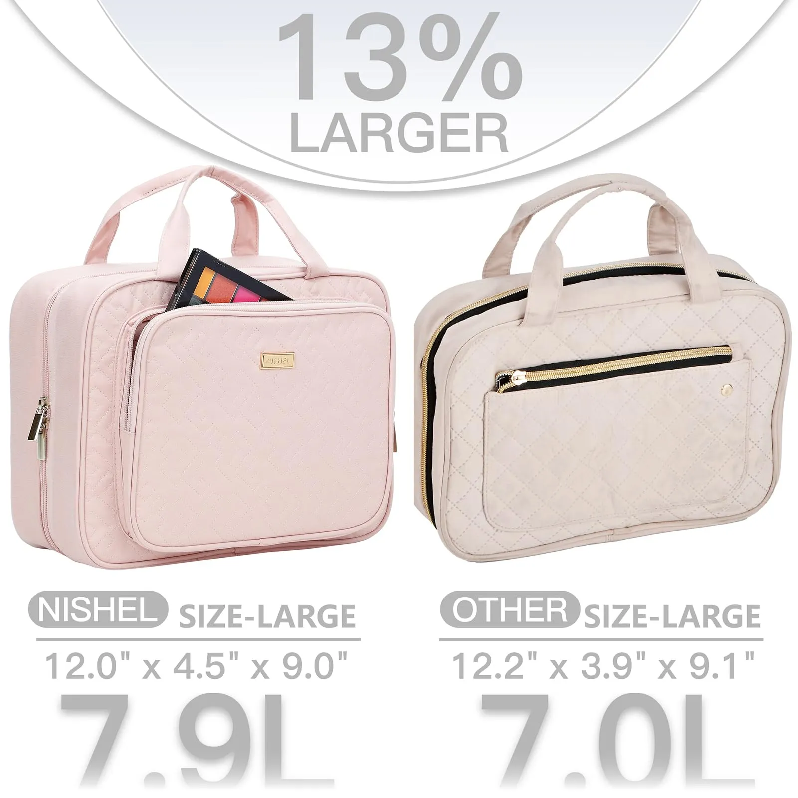 NISHEL Travel Toiletry Bag for Women Large Capacity, Makeup Essentials Organizer, Hanging Case for Accessories, Cosmetics, Pink