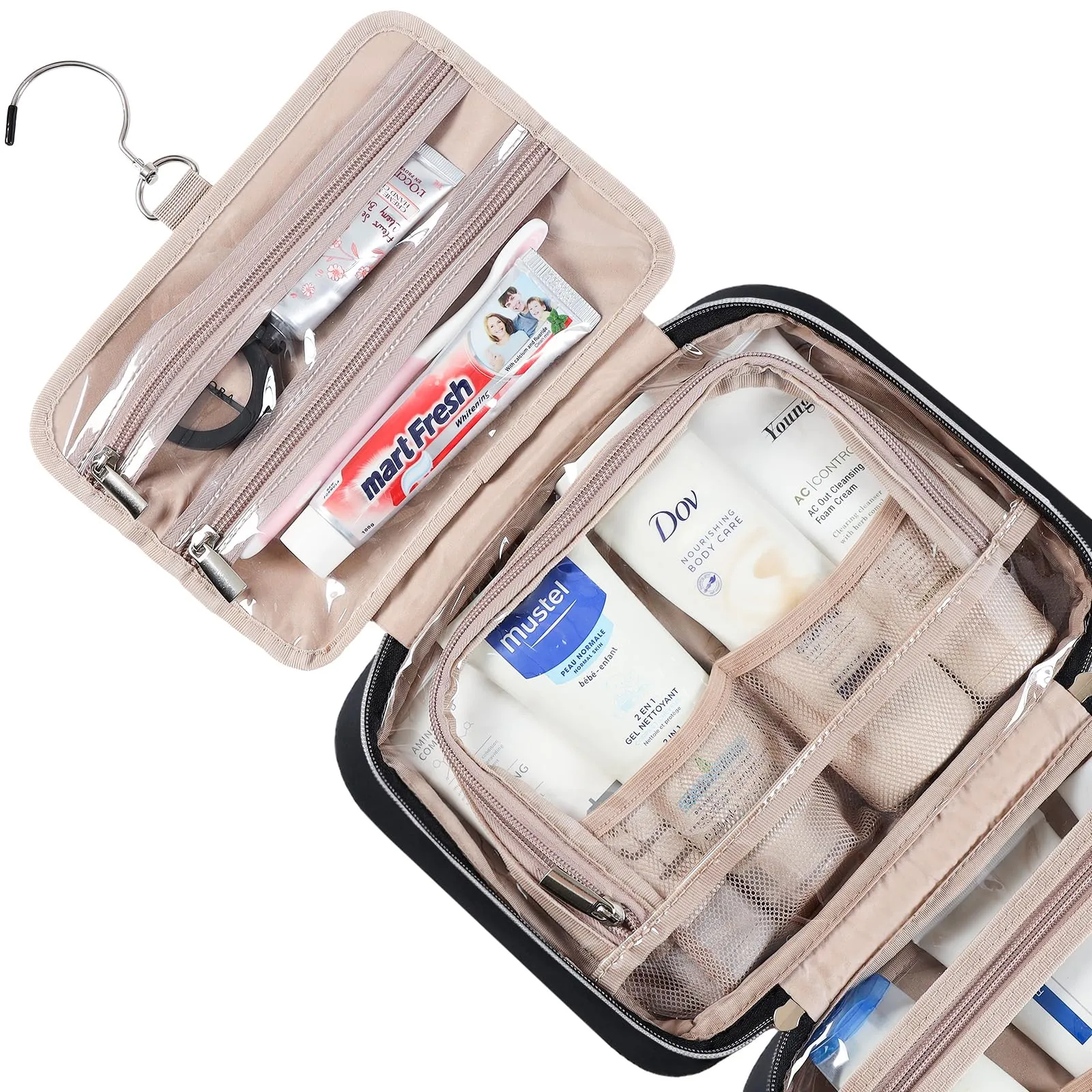NISHEL Travel Toiletry Bag for women, Portable Hanging Organizer for Travel-Sized Shampoo, Conditioner, Brushes Set, makeup Accessories, Medium Size, Black