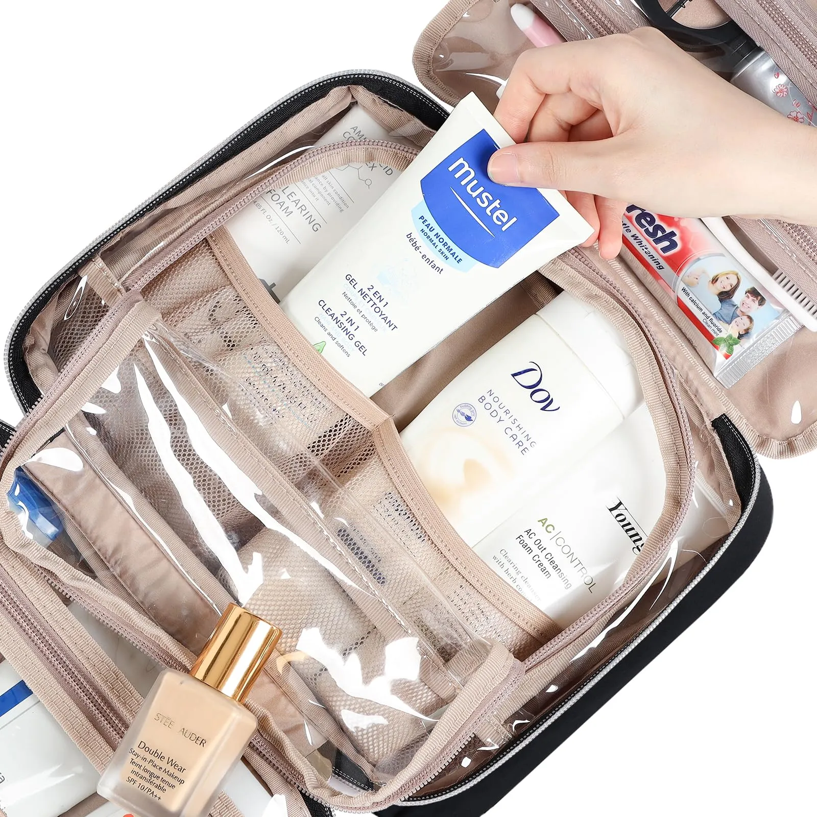NISHEL Travel Toiletry Bag for women, Portable Hanging Organizer for Travel-Sized Shampoo, Conditioner, Brushes Set, makeup Accessories, Medium Size, Black