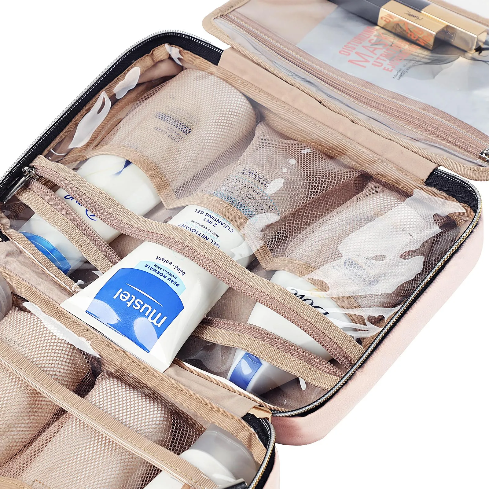 NISHEL Travel Toiletry Bag for women, Portable Hanging Organizer for Travel-Sized Shampoo, Conditioner, Brushes Set, makeup Accessories, Medium Size, Black