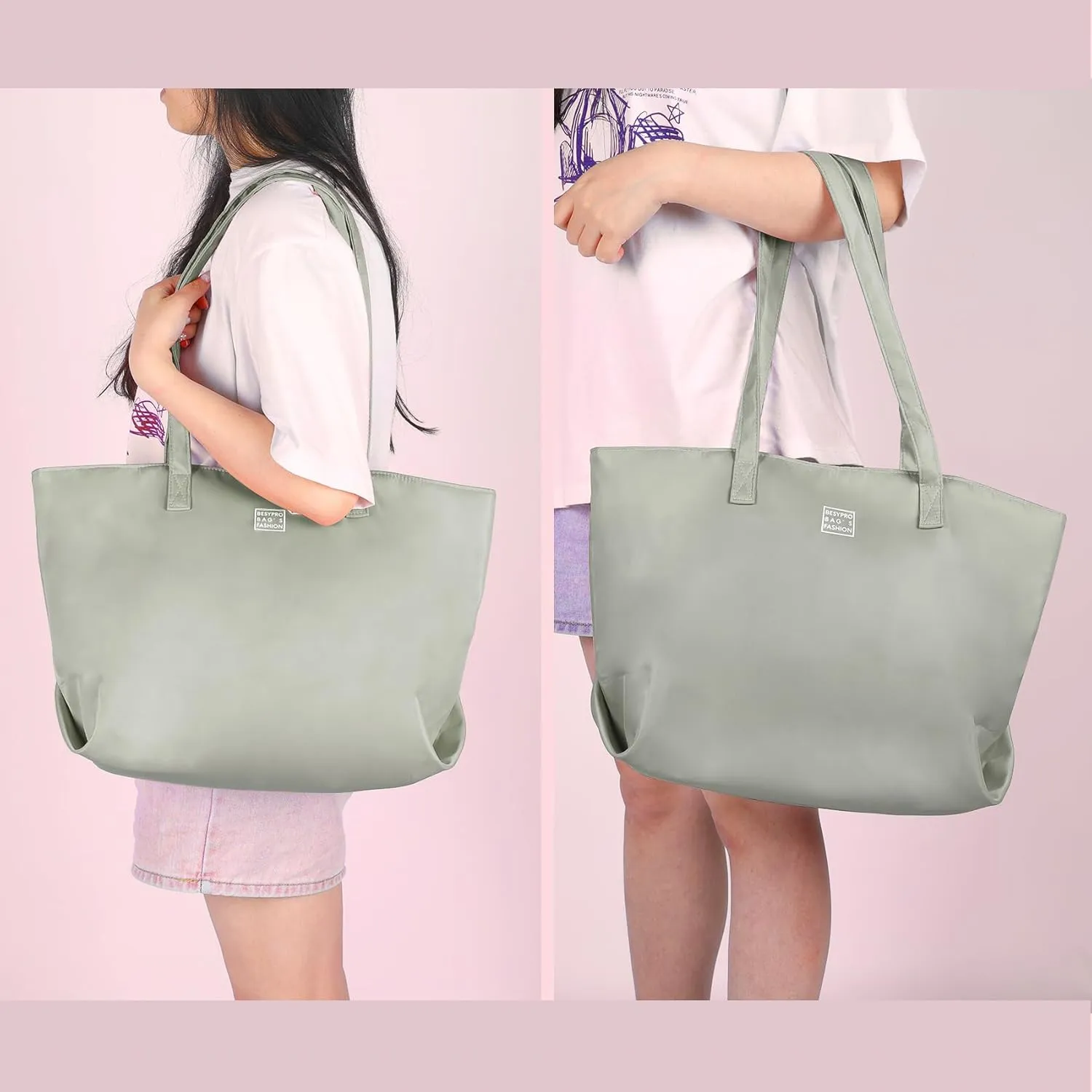 Nylon Tote Bag for Women Multi-pocket Large Shoulder Bag Casual Handbag with Zipper for Wrok Travel College