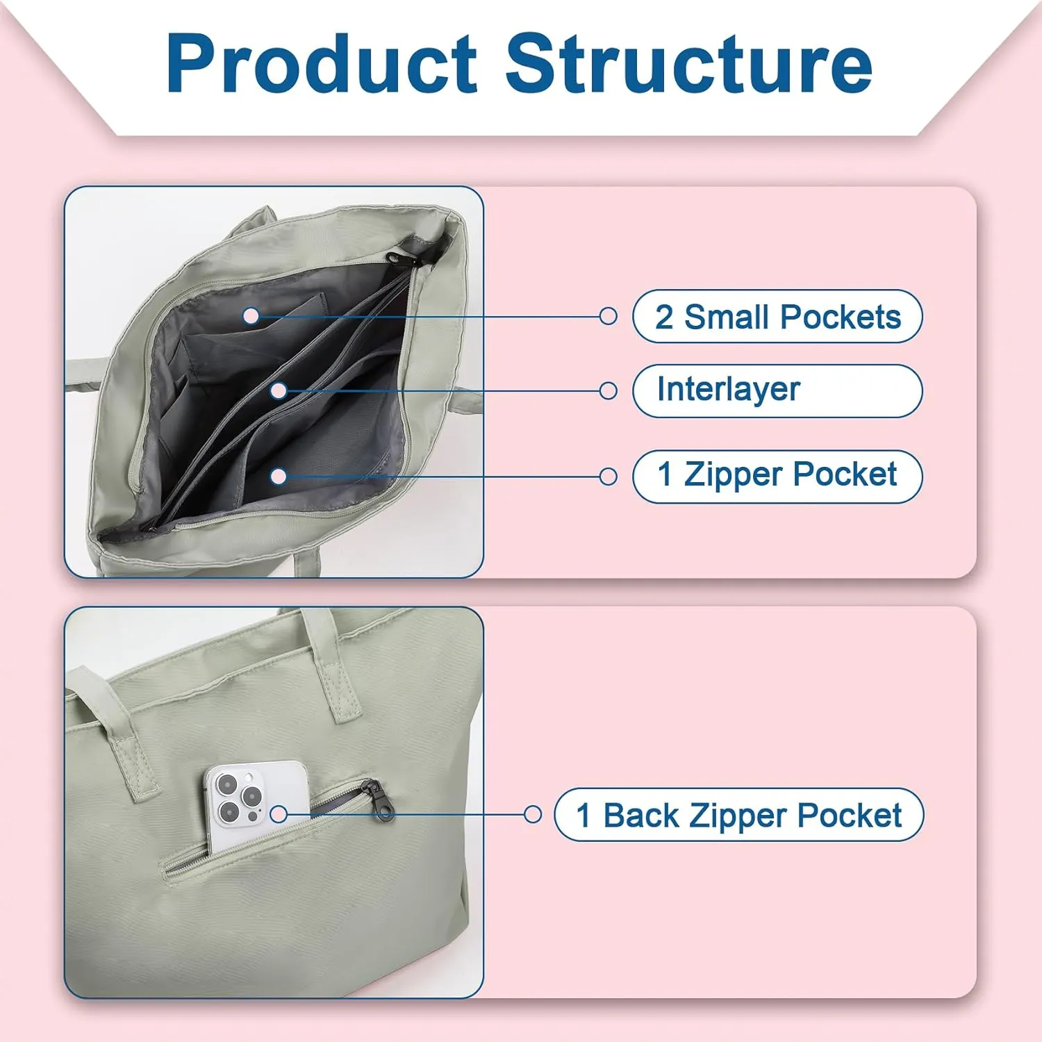 Nylon Tote Bag for Women Multi-pocket Large Shoulder Bag Casual Handbag with Zipper for Wrok Travel College