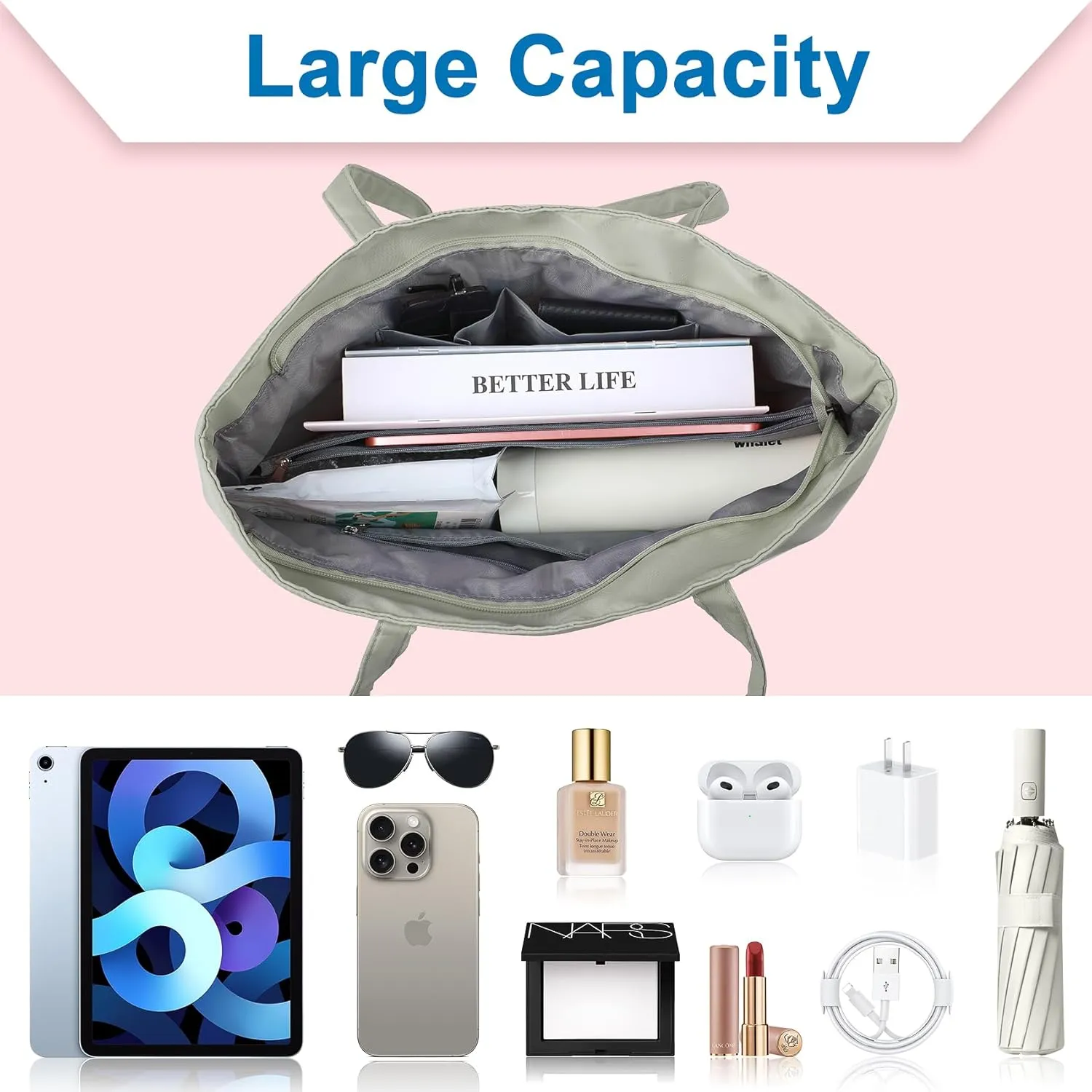 Nylon Tote Bag for Women Multi-pocket Large Shoulder Bag Casual Handbag with Zipper for Wrok Travel College