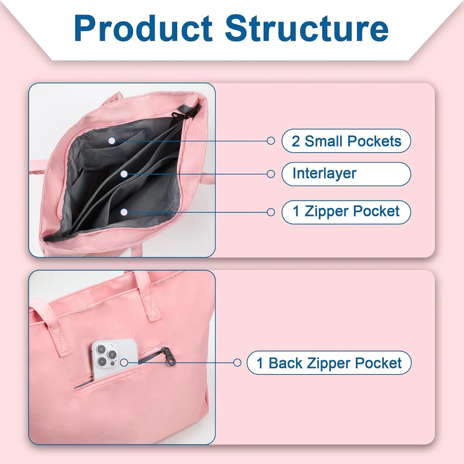 Nylon Tote Bag for Women Multi-pocket Large Shoulder Bag Casual Handbag with Zipper for Wrok Travel College