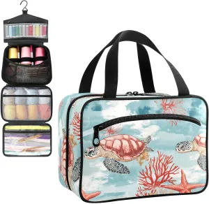 Ocean Turtle Starfish Coral Travel Toiletry Bag, Hanging Toiletry Bag Portable with Zipper, Sewing Storage with 4 Compartment and Hook for women/men Travel/Daily Use