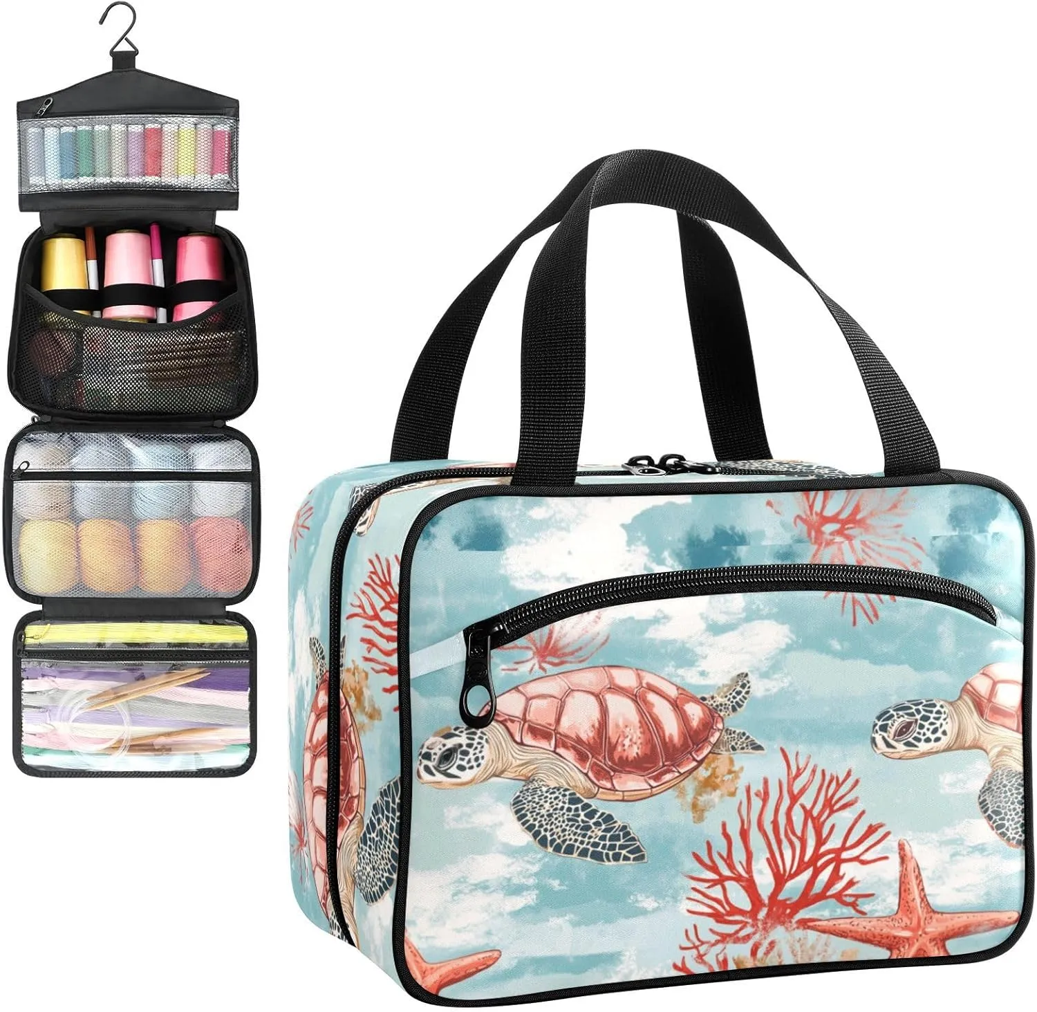 Ocean Turtle Starfish Coral Travel Toiletry Bag, Hanging Toiletry Bag Portable with Zipper, Sewing Storage with 4 Compartment and Hook for women/men Travel/Daily Use