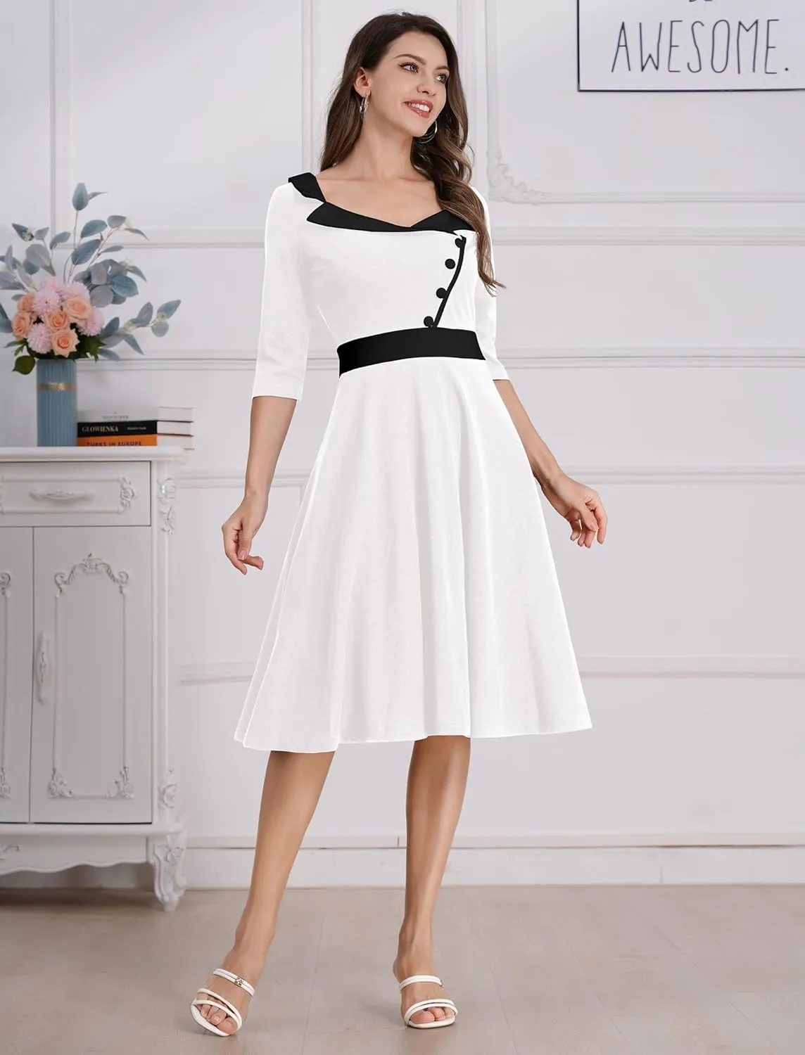 ODIZLI 1950s Dresses for Women Retro Dress 3/4 Sleeve Sweetheart Neckline Swing Midi Dress Cocktail Dress