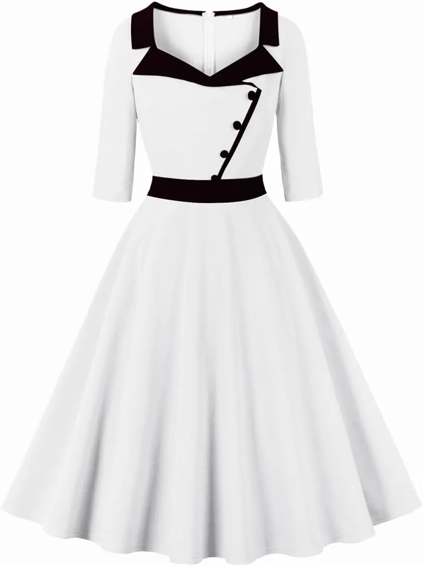 ODIZLI 1950s Dresses for Women Retro Dress 3/4 Sleeve Sweetheart Neckline Swing Midi Dress Cocktail Dress