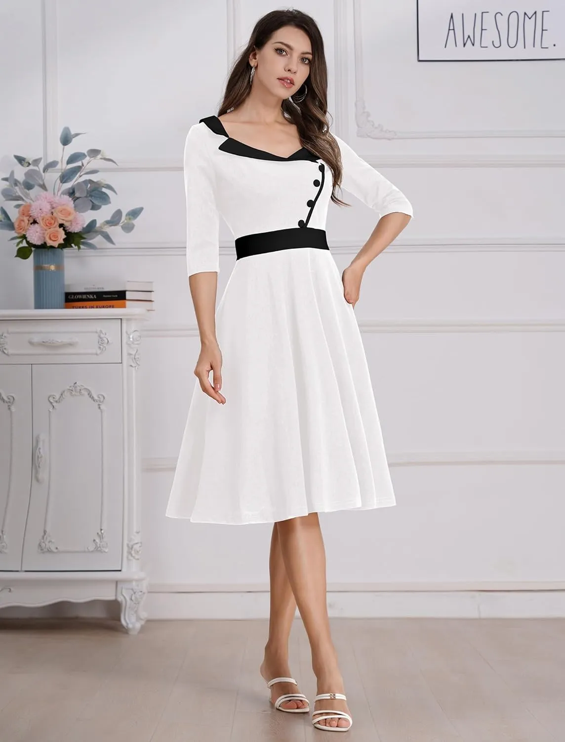 ODIZLI 1950s Dresses for Women Retro Dress 3/4 Sleeve Sweetheart Neckline Swing Midi Dress Cocktail Dress