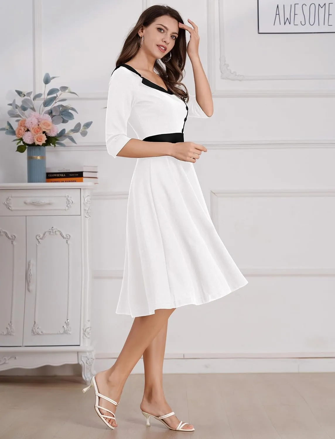 ODIZLI 1950s Dresses for Women Retro Dress 3/4 Sleeve Sweetheart Neckline Swing Midi Dress Cocktail Dress