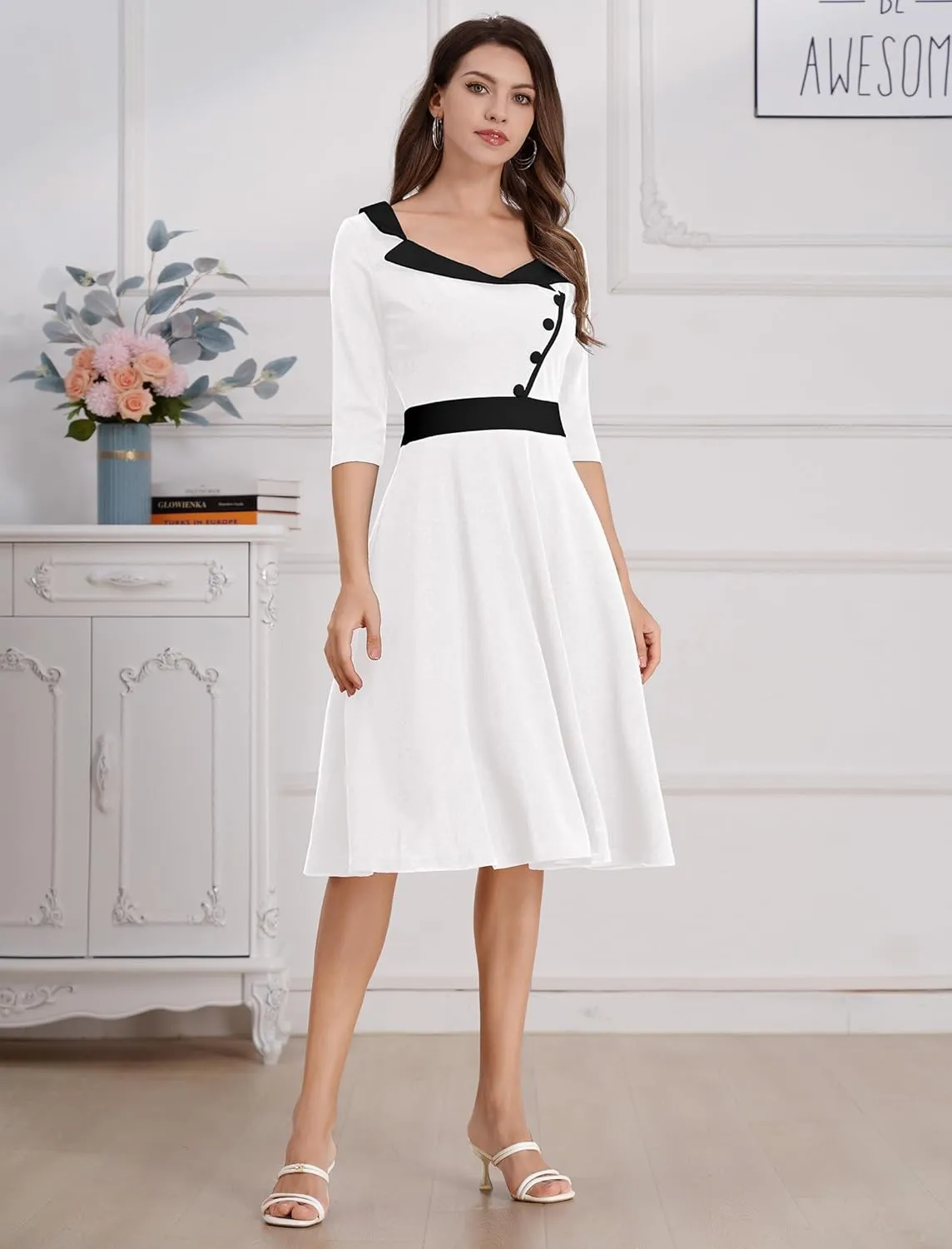 ODIZLI 1950s Dresses for Women Retro Dress 3/4 Sleeve Sweetheart Neckline Swing Midi Dress Cocktail Dress