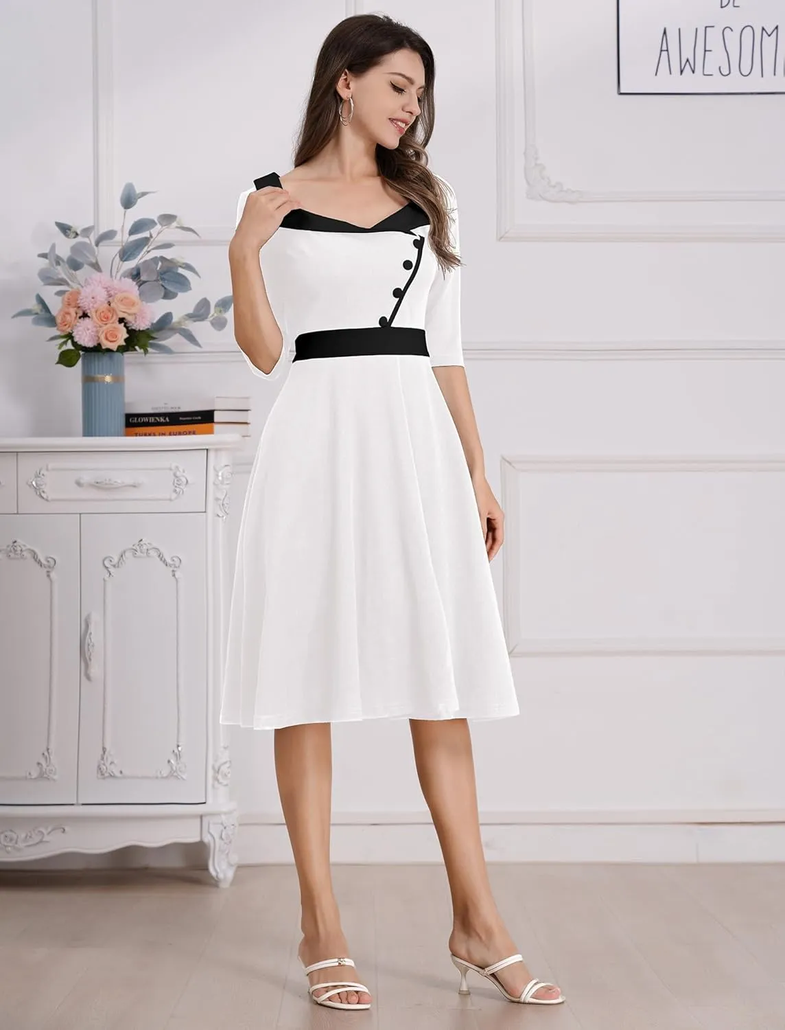 ODIZLI 1950s Dresses for Women Retro Dress 3/4 Sleeve Sweetheart Neckline Swing Midi Dress Cocktail Dress