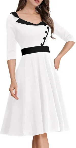 ODIZLI 1950s Dresses for Women Retro Dress 3/4 Sleeve Sweetheart Neckline Swing Midi Dress Cocktail Dress