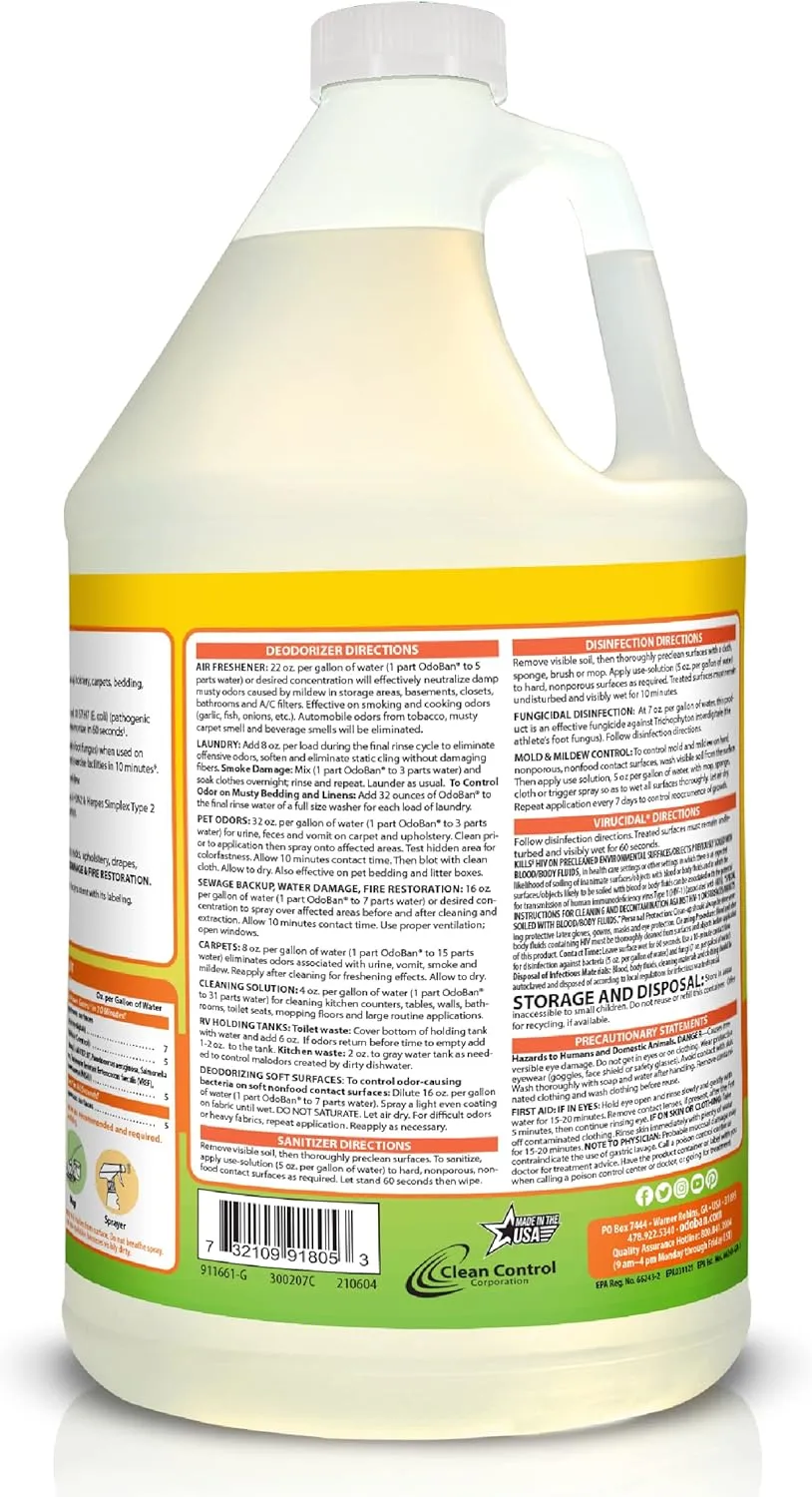 OdoBan Disinfectant and Harsh Aroma Eliminator Fabric/Air Freshener Pack: Ready-to-Use 360-Degree Continuous Spray, Trigger Spray, 1 Gallon Multi-Purpose Cleaning Concentrate, Citrus Scent