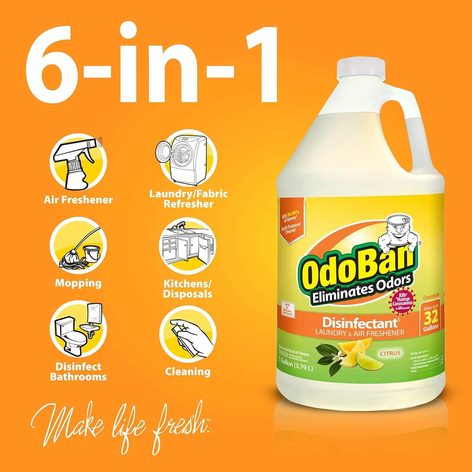OdoBan Disinfectant and Harsh Aroma Eliminator Fabric/Air Freshener Pack: Ready-to-Use 360-Degree Continuous Spray, Trigger Spray, 1 Gallon Multi-Purpose Cleaning Concentrate, Citrus Scent