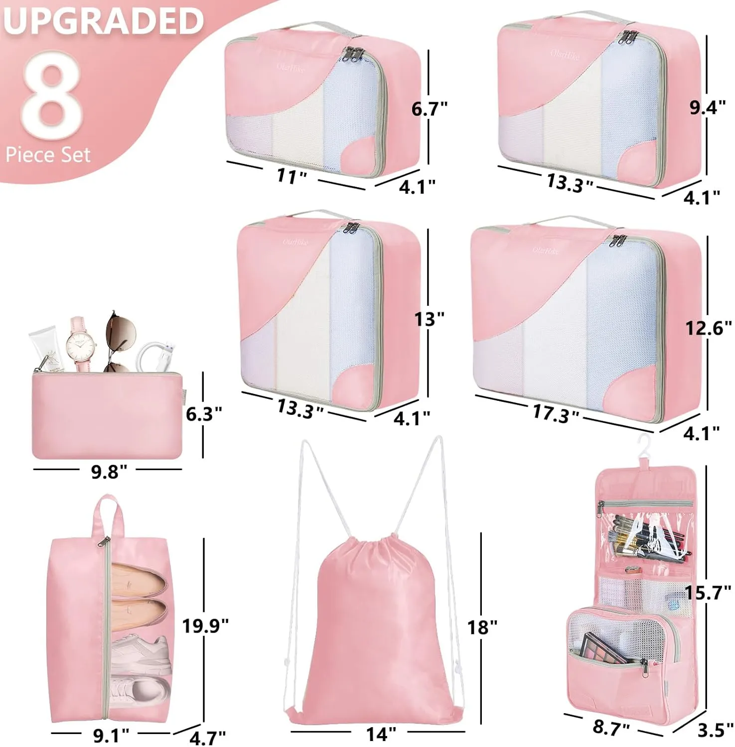 OlarHike 8 Set Packing Cubes for Travel, Sturdy Suitcase Organizer in 4 Sizes (Extra Large, Large, Medium, Small), Luggage Cubes with Toiletry Bag, Essentials Cruise Ship Gifts for Women (Dream Pink)