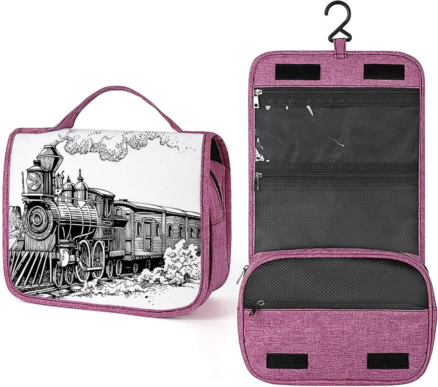 Old Train,Waterproof Travel Toiletry Hanging Bag,Rustic Old Train in Country Locomotive,Makeup bag,Travel Organizers,Cosmetic Travel-Sized Container,Large Capacity for Women,Black And White