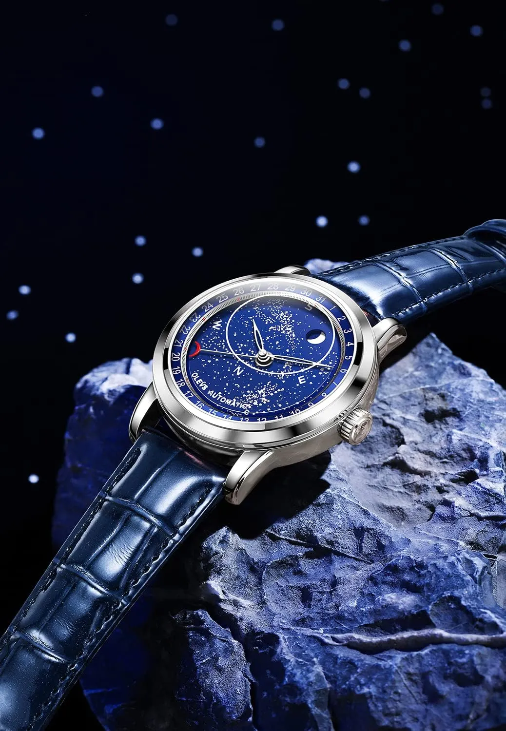 OLEVS Starry Sky Moon Phase Men's Automatic Mechanical Watches Blue Leather Luxury Dress Waterproof Luminous Wrist Watches