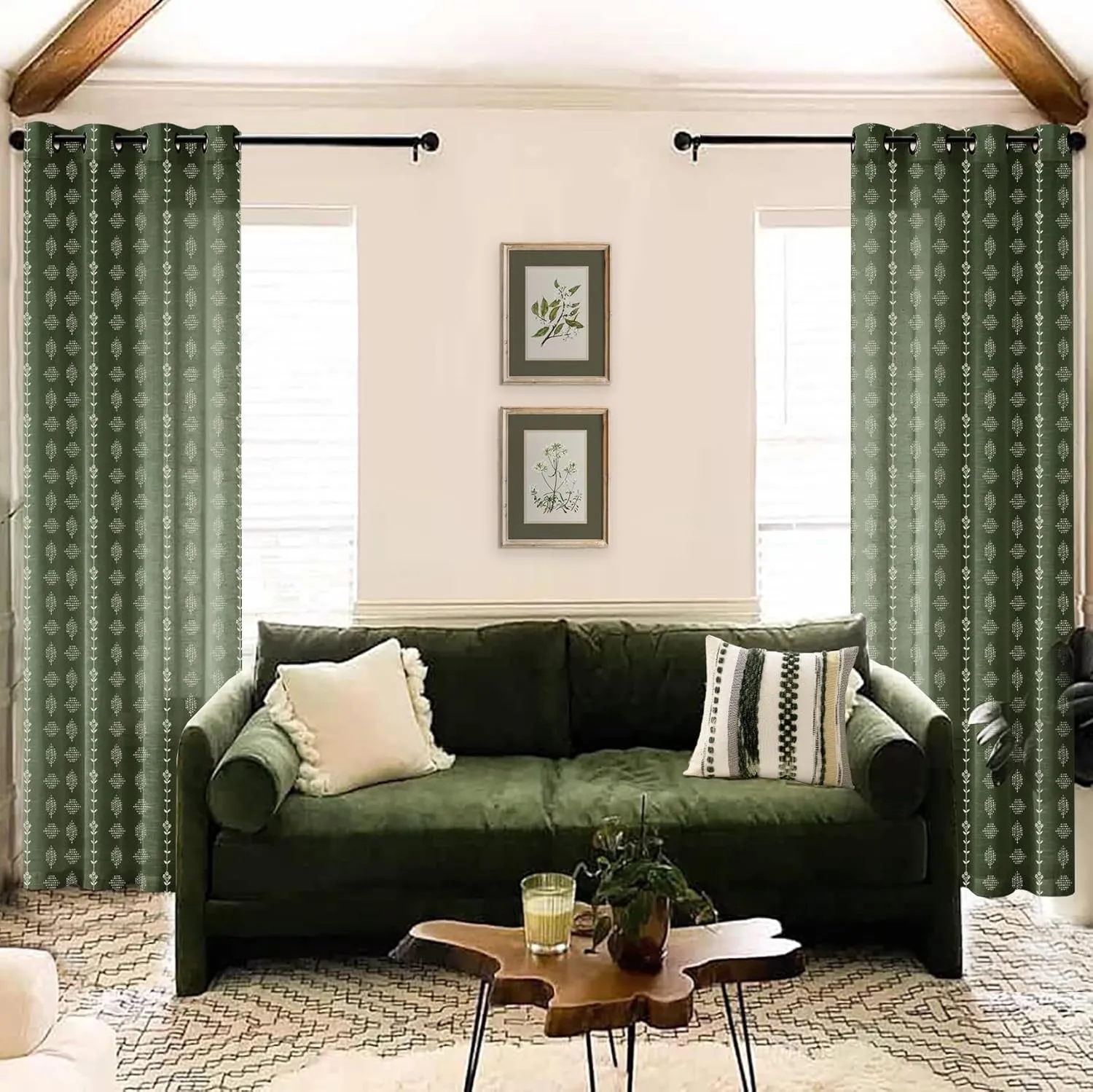 Olive Green Boho Curtains,Sheer Linen Floral Pattern Modern Organic Home Decor Summer Curtains for Living Room Bedroom 84 Inches Long
