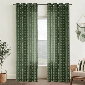 Olive Green Boho Curtains,Sheer Linen Floral Pattern Modern Organic Home Decor Summer Curtains for Living Room Bedroom 84 Inches Long