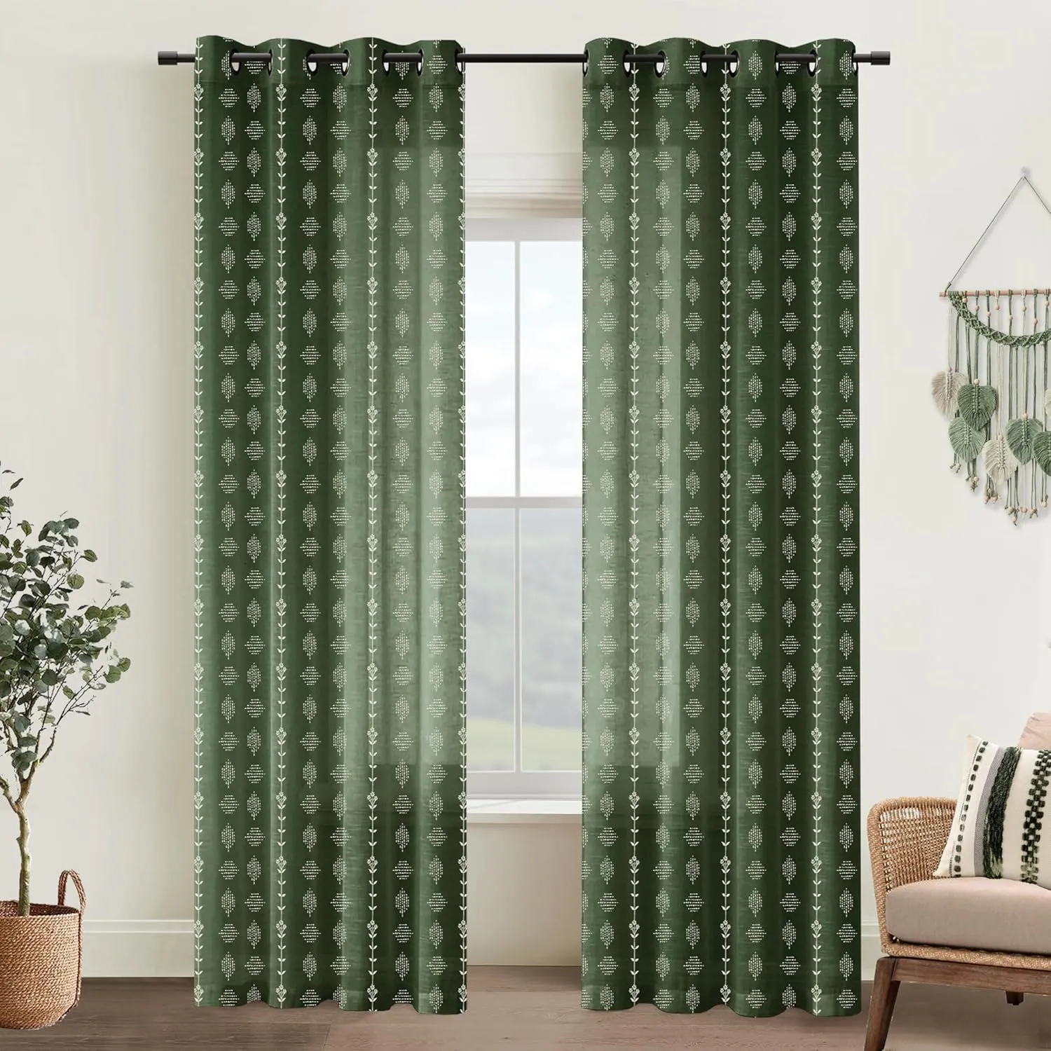 Olive Green Boho Curtains,Sheer Linen Floral Pattern Modern Organic Home Decor Summer Curtains for Living Room Bedroom 84 Inches Long