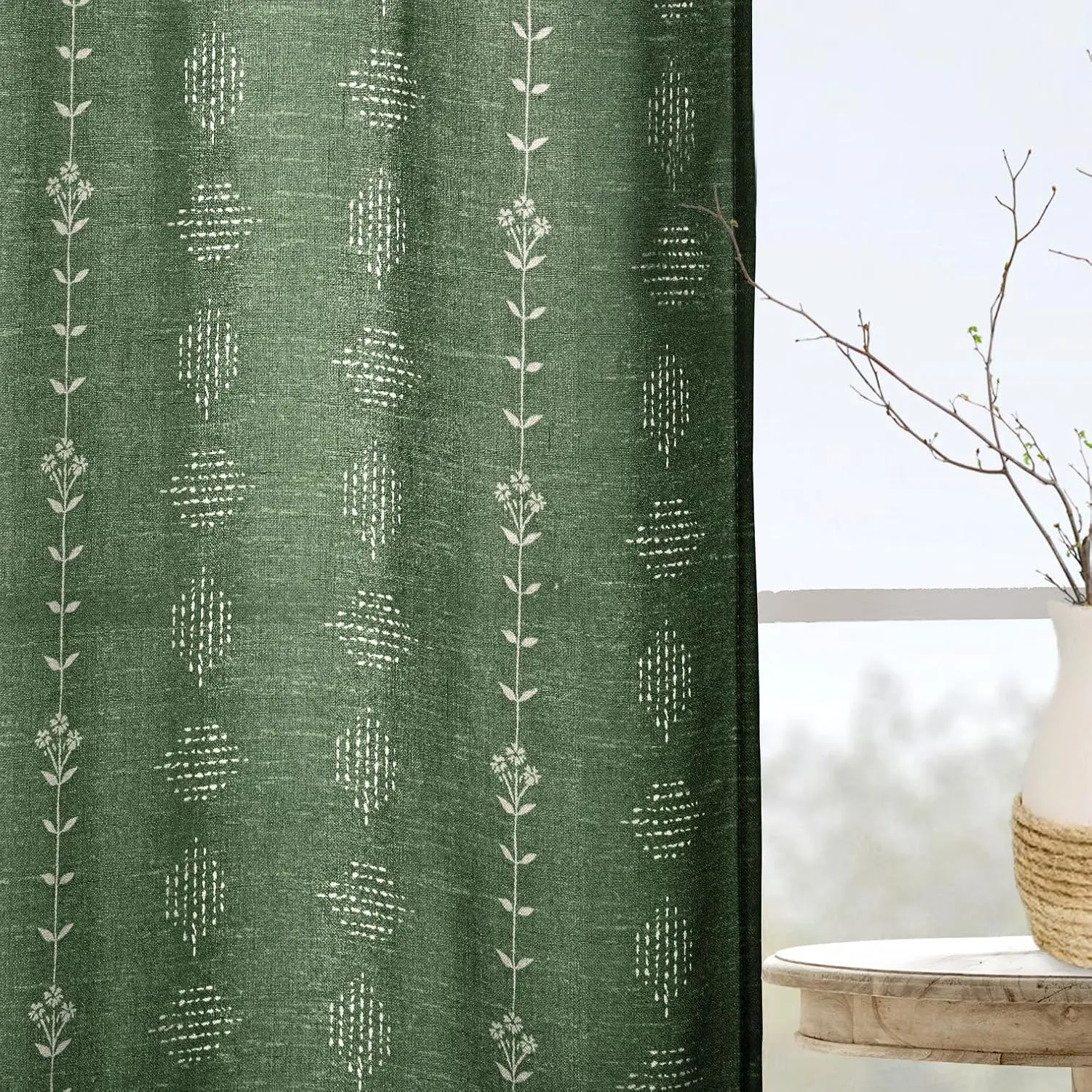 Olive Green Boho Curtains,Sheer Linen Floral Pattern Modern Organic Home Decor Summer Curtains for Living Room Bedroom 84 Inches Long