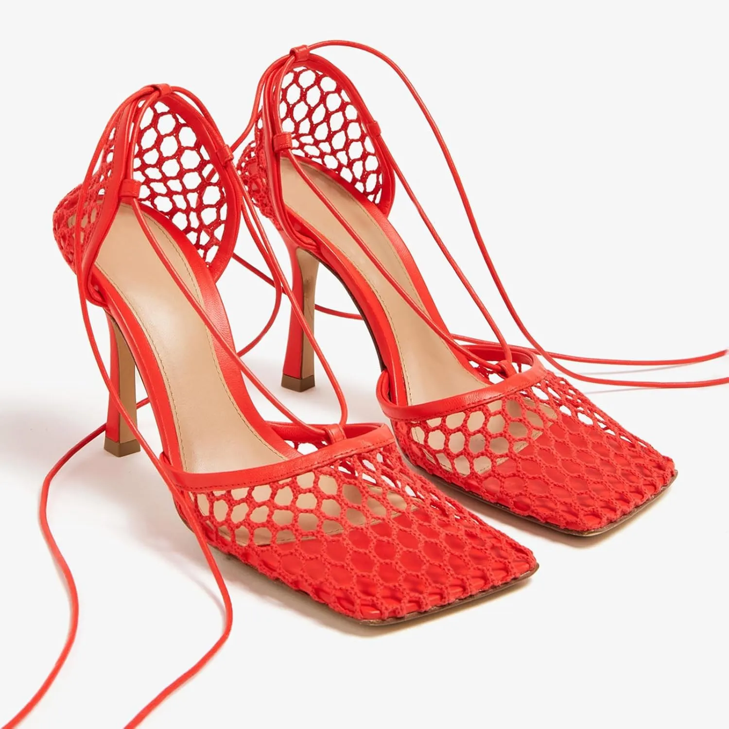 Olomisa Mesh Heels for Women - Wrap-up Heels with Square Toe & Strappy Fishnet Design