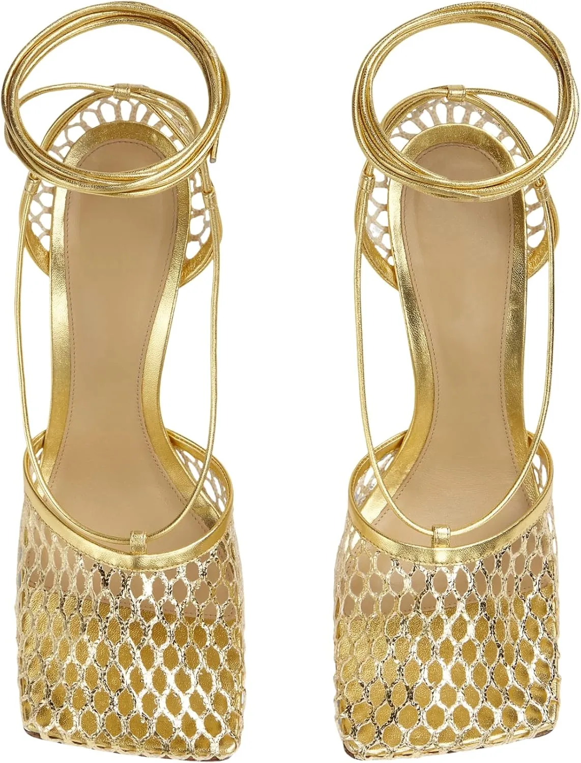 Olomisa Mesh Heels for Women - Wrap-up Heels with Square Toe & Strappy Fishnet Design