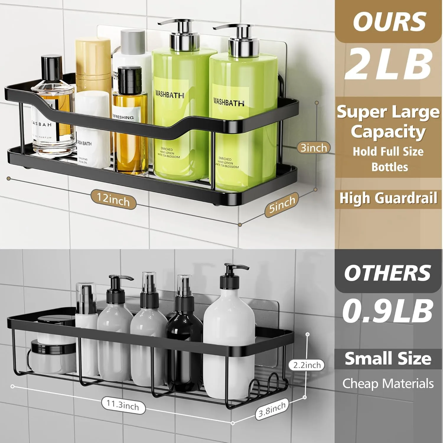 OMAIRA Shower Caddy, Adhesive Shower Organizer, No Drilling Rustproof 304 Stainless Steel Shower Shelves for Inside Shower & Bathroom Organizer, Matte Black (X-Large)