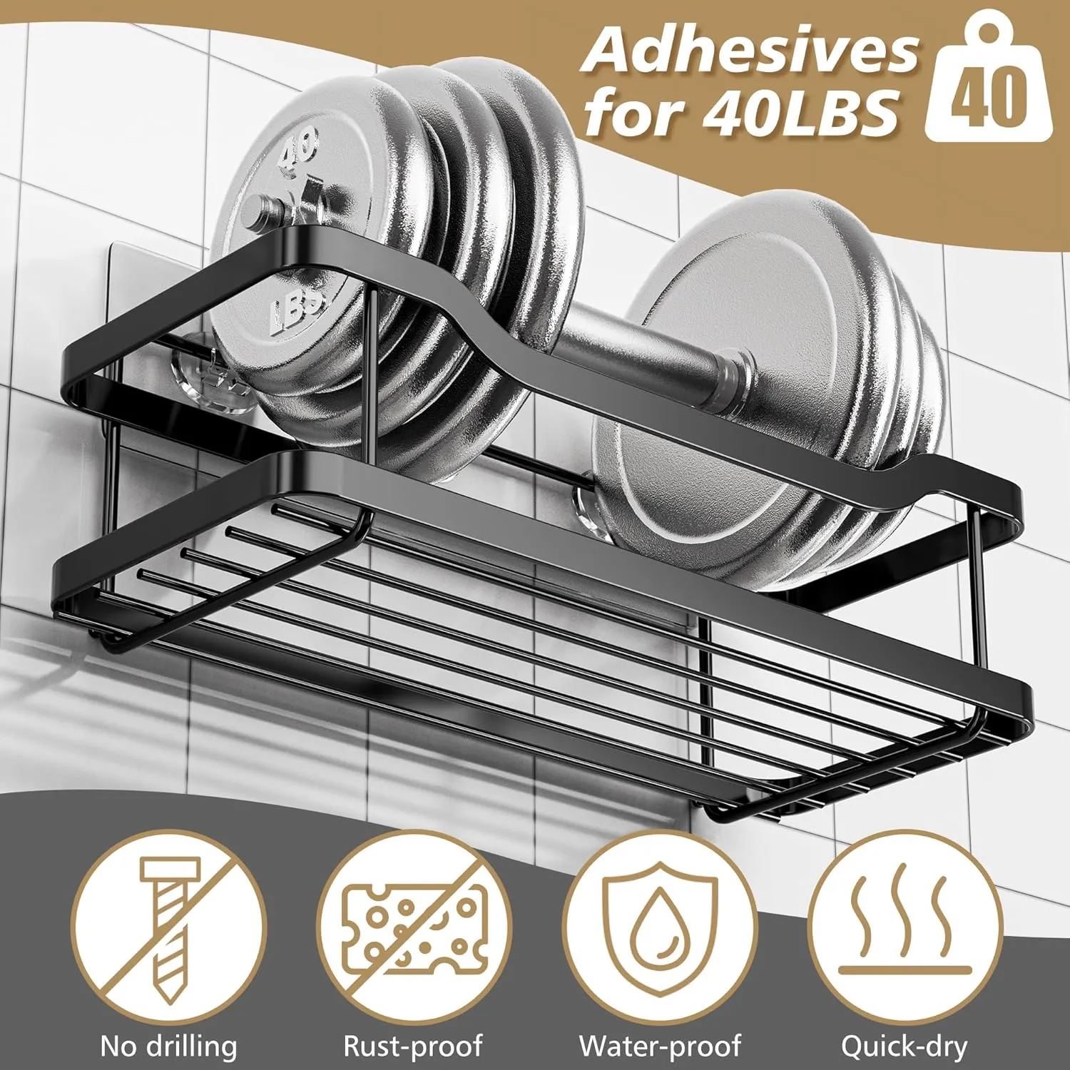 OMAIRA Shower Caddy, Adhesive Shower Organizer, No Drilling Rustproof 304 Stainless Steel Shower Shelves for Inside Shower & Bathroom Organizer, Matte Black (X-Large)