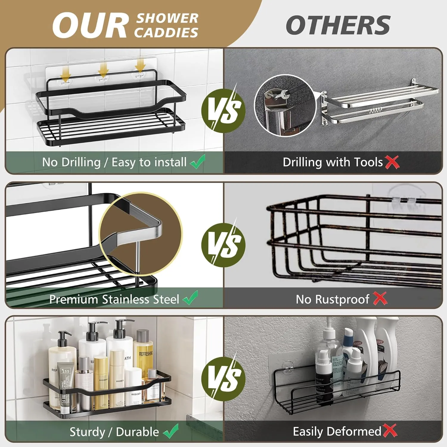 OMAIRA Shower Caddy, Adhesive Shower Organizer, No Drilling Rustproof 304 Stainless Steel Shower Shelves for Inside Shower & Bathroom Organizer, Matte Black (X-Large)
