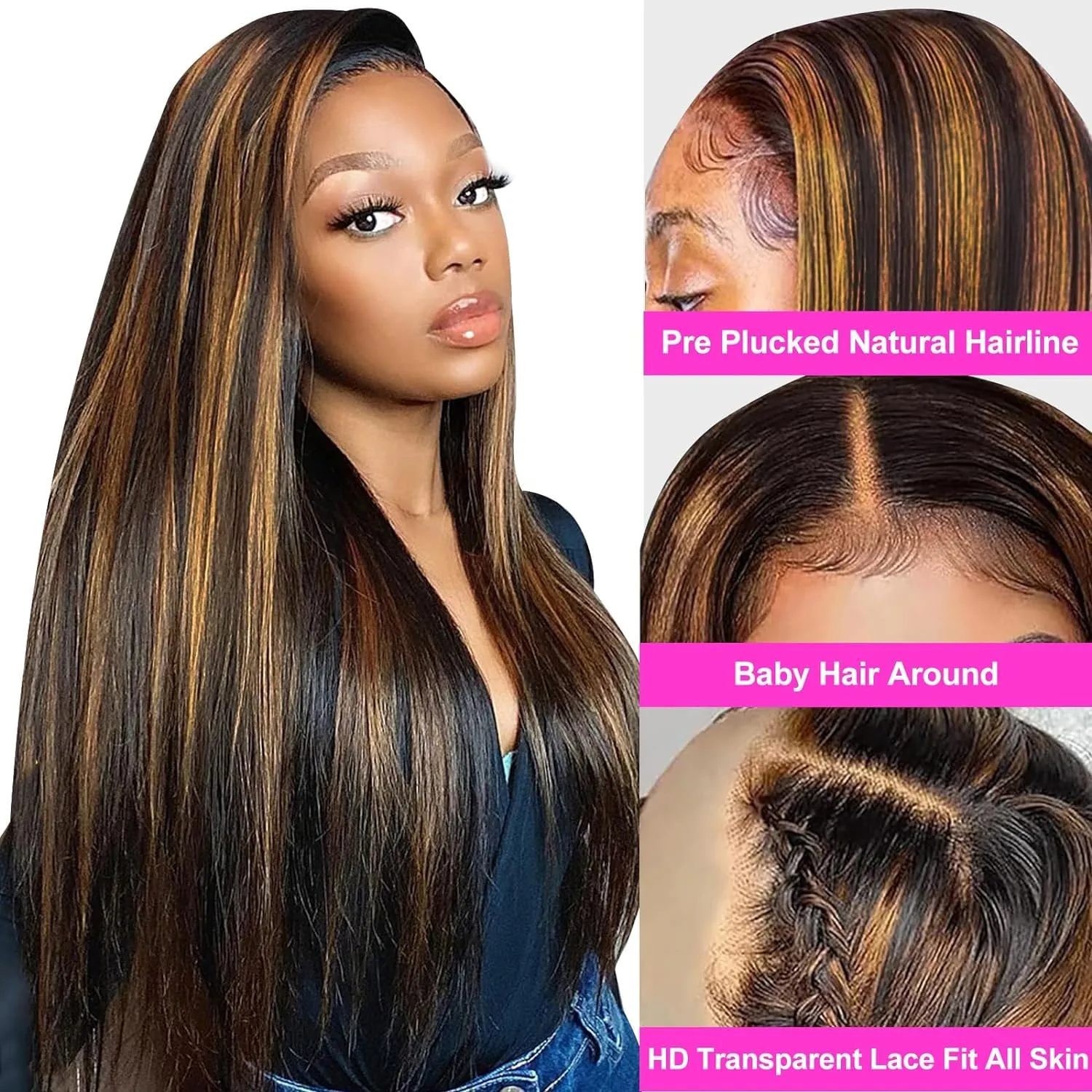 Ombre Lace Front Wig Human Hair 26 Inch 180% Density FB/30 13x4 Full Frontal Hd Transparent Lace Straight Lace Front Wig Human Hair Colored Wigs For Black Women Frontal Highlight Wig Human Hair