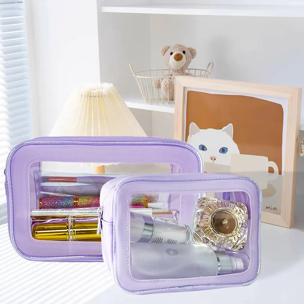 ONEART Violet Clear Makeup Toiletry Bag, 2Pcs Multipurpose Travel Portable Cosmetic Pouch Transparent Storage Bag