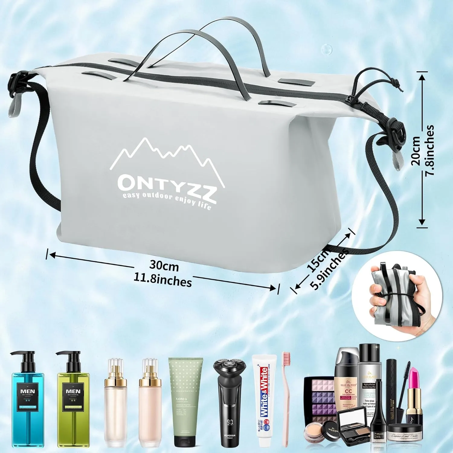 ONTYZZ Travel Toiletry Bag Makeup Bag with Handle Waterproof Cosmetic bag with strap for Toiletries Carry-on Travel Accessories Essentials,1 Grey
