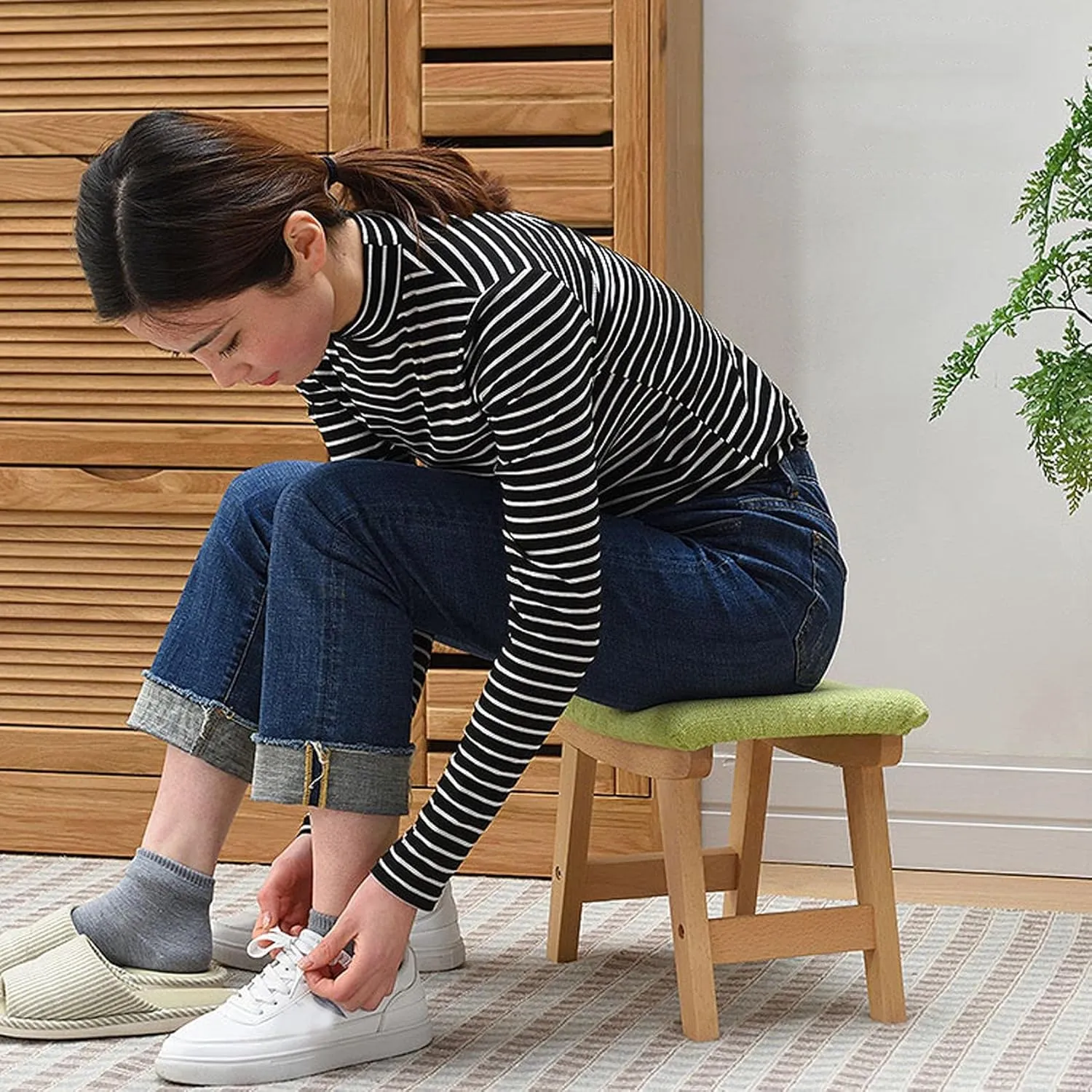 Ottomans Foot Stool Arc Footstool Cotton and Linen Foot Stools Shoe Change Stool Ottomans for The Bedroom Ottomans for Living Room,Matcha Green-38X26X29Cm,Matcha Green38X26X29Cm