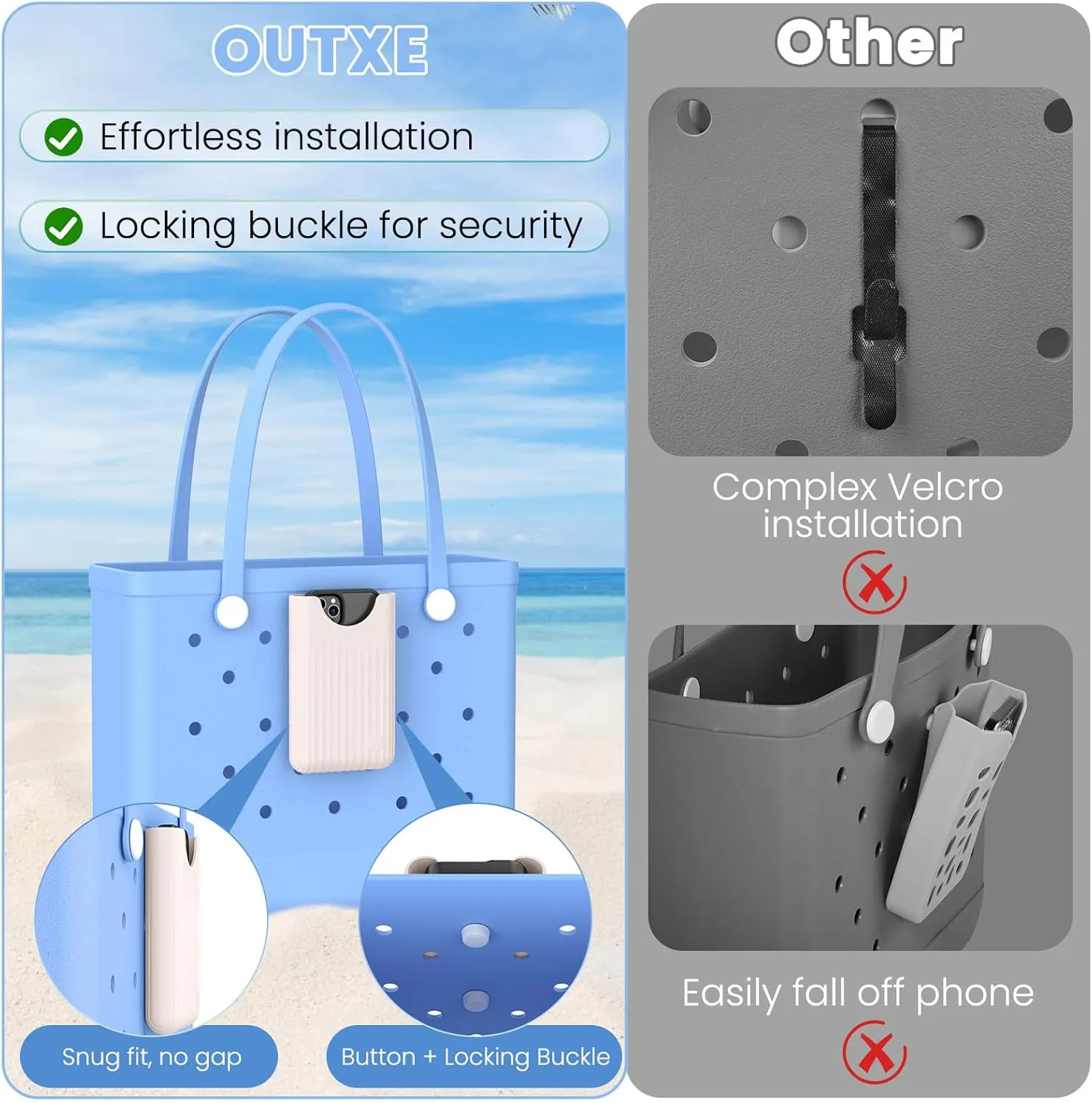 OUTXE Phone Holder Insert for Bogg Bag, Cell Phone Holder Button Accessory with Locking Buckle Compatible with L/XL/Original/Baby Bogg & Simple Modern Bag, No More Digging for iPhone(Coconut White)