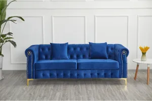 Overstock 35" D x 85" W x 30.3" H Velvet Chesterfield Button-Tufted Sofa Blue