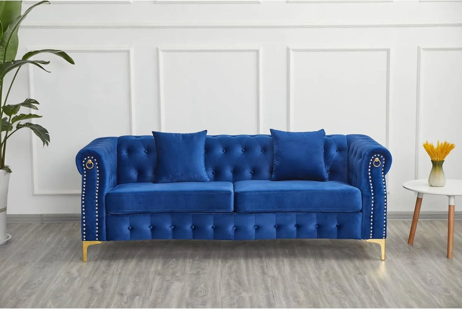Overstock 35" D x 85" W x 30.3" H Velvet Chesterfield Button-Tufted Sofa Blue
