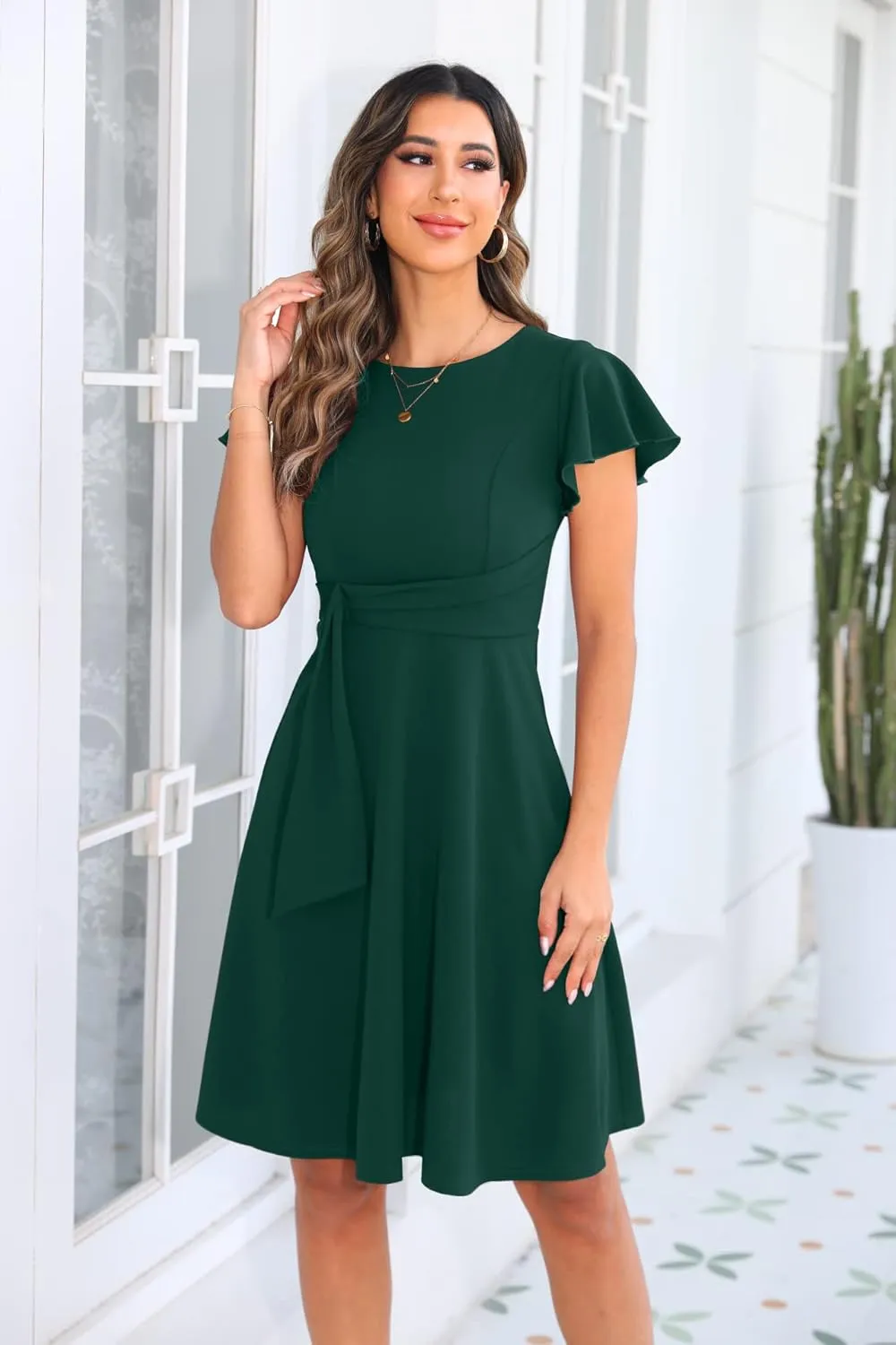 OWIN Womens 2025 Elegant Ruffle Sleeve Flared A Line Swing Casual Party Cocktail Dresses