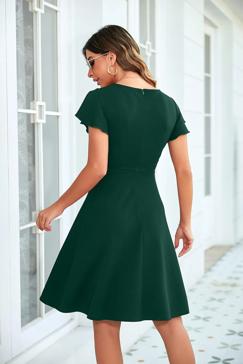 OWIN Womens 2025 Elegant Ruffle Sleeve Flared A Line Swing Casual Party Cocktail Dresses