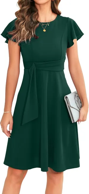 OWIN Womens 2025 Elegant Ruffle Sleeve Flared A Line Swing Casual Party Cocktail Dresses