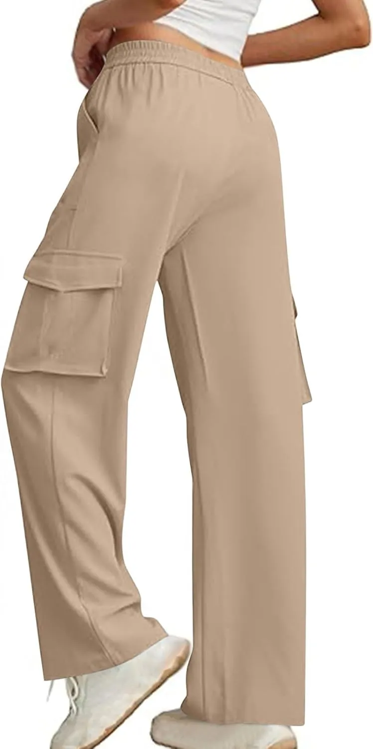 Palazzo Pants for Women Elastic Waisted Lounge Pants Fall Street Wear Straight Wide Leg Pants with Multi Pockets y2k