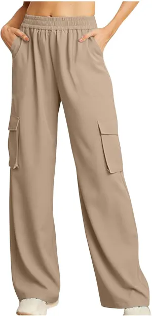 Palazzo Pants for Women Elastic Waisted Lounge Pants Fall Street Wear Straight Wide Leg Pants with Multi Pockets y2k